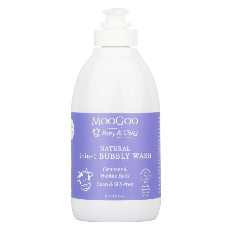 Moogoo natural 2-in-1 bubbly wash bottle on a white background