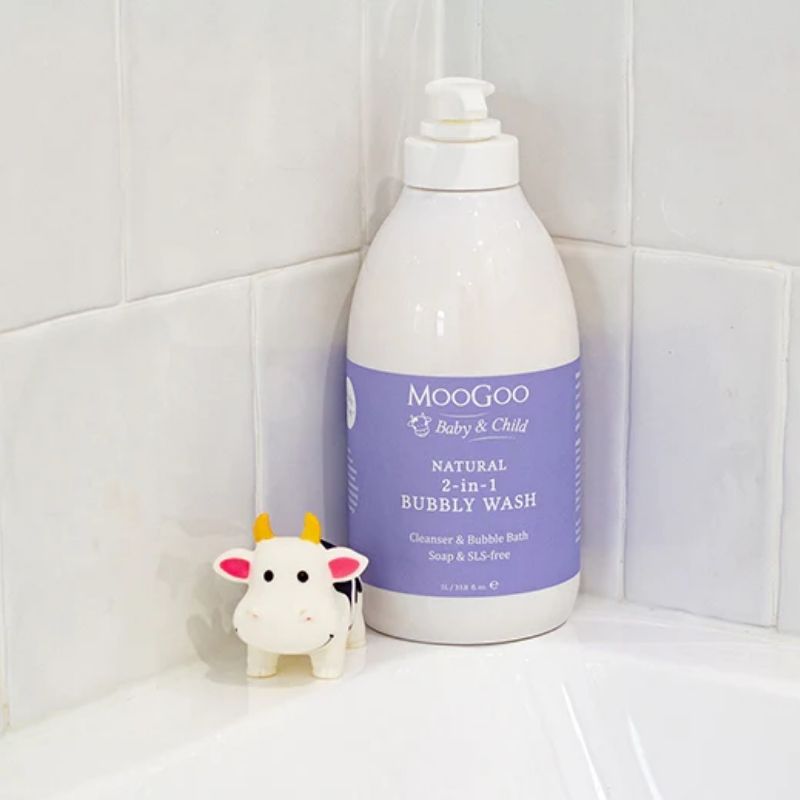 MooGoo Bubbly Wash on bath tub and cow toy