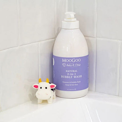 MooGoo Bubbly Wash on bath tub and cow toy