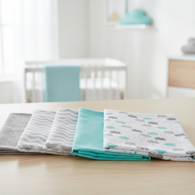 Set of four baby blankets with different patterns on a table