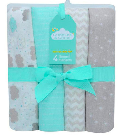 Set of four flannel blankets with a bow and tag, featuring cloud and star patterns.