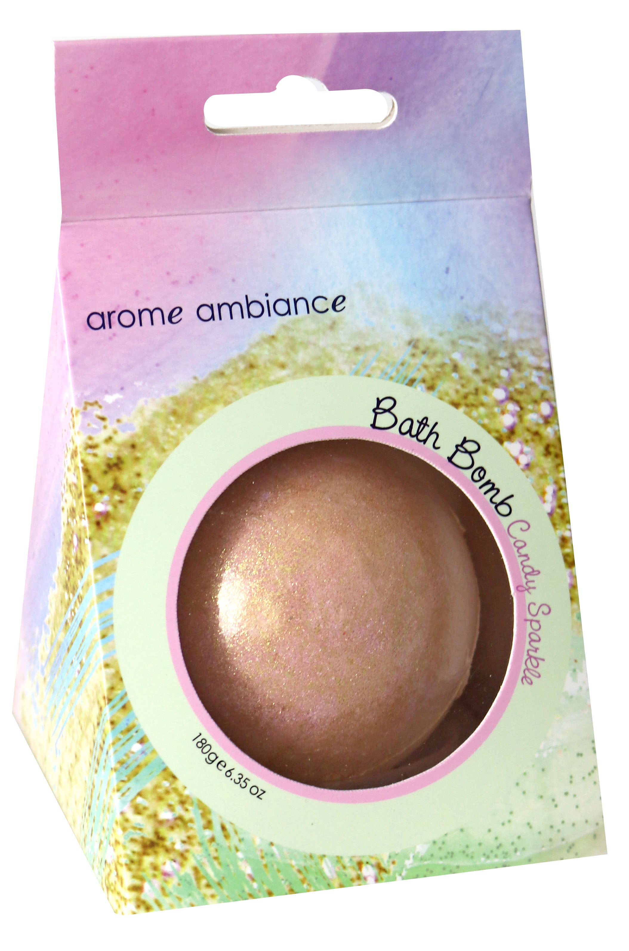 Bath bomb packaging with a pink bath bomb and colorful packaging on a white background