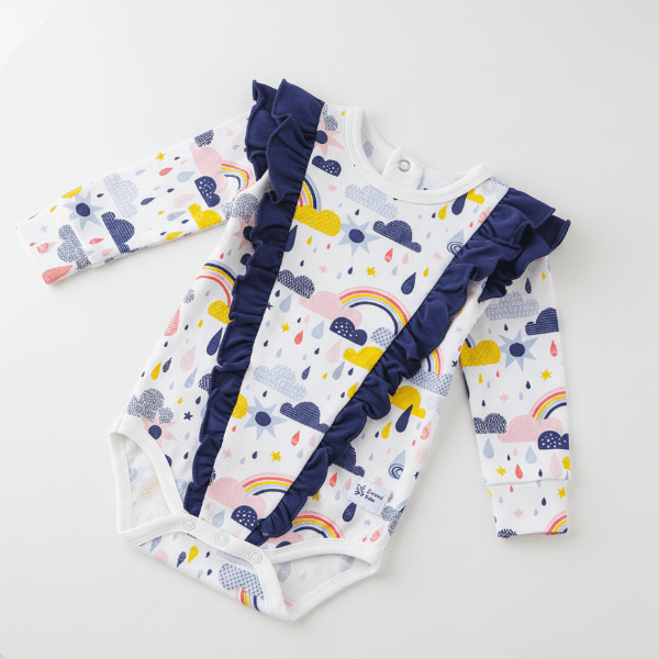 Navy trim baby girl bodysuit with rain drop and rainbow print