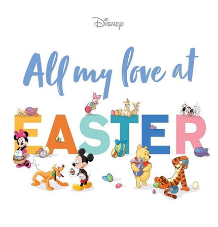 Disney Easter greeting card with cartoon characters and colorful text on a white background