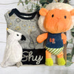 baby clothing and soft animal toys in a gift box