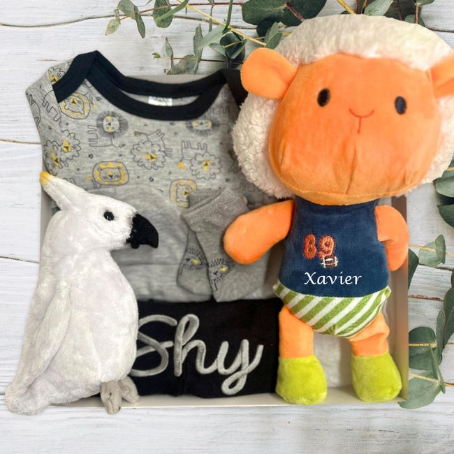 Collection of baby clothing and soft animal toys in a gift box