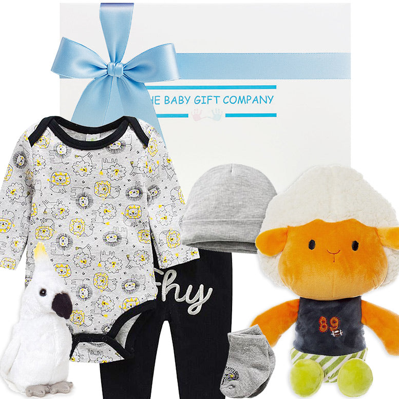 Baby clothing set with lion print, grey hat, and plush toys with gift box on a white background.