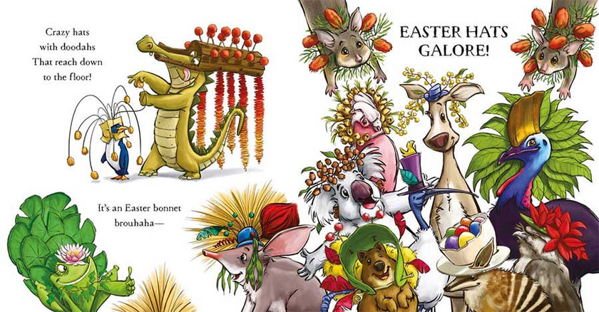 Illustrations of animals wearing colorful Easter hats with text.