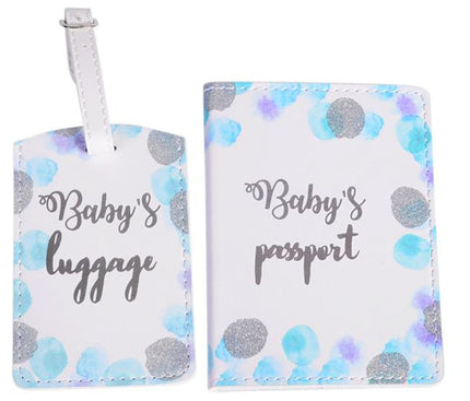 Baby-themed luggage tag and passport cover with polka dot design on a white background