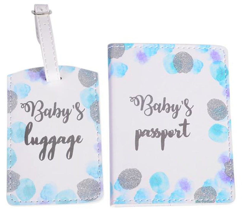 Baby-themed luggage tag and passport cover with polka dot design on a white background