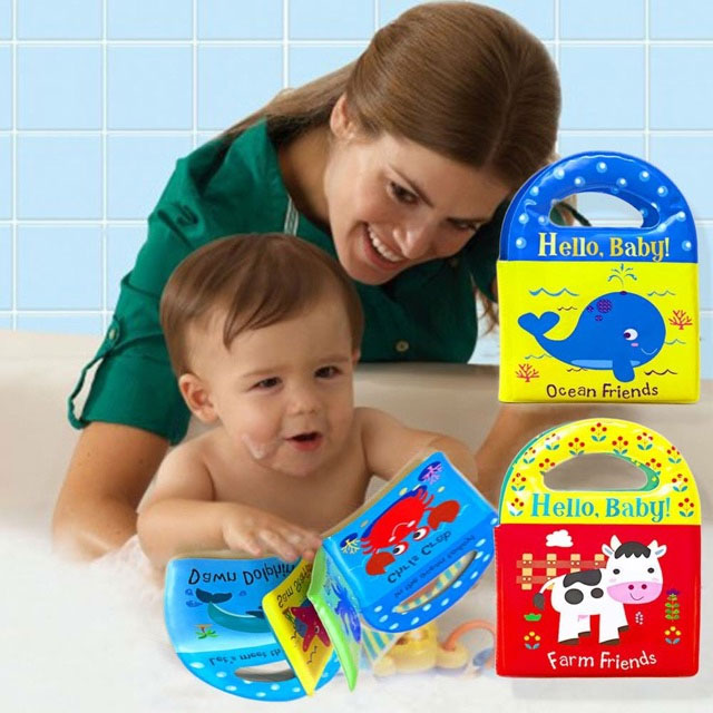 Woman and child in a bathtub with colorful children's books titled 'Hello, Baby! Ocean Friends' and 'Farm Friends'.