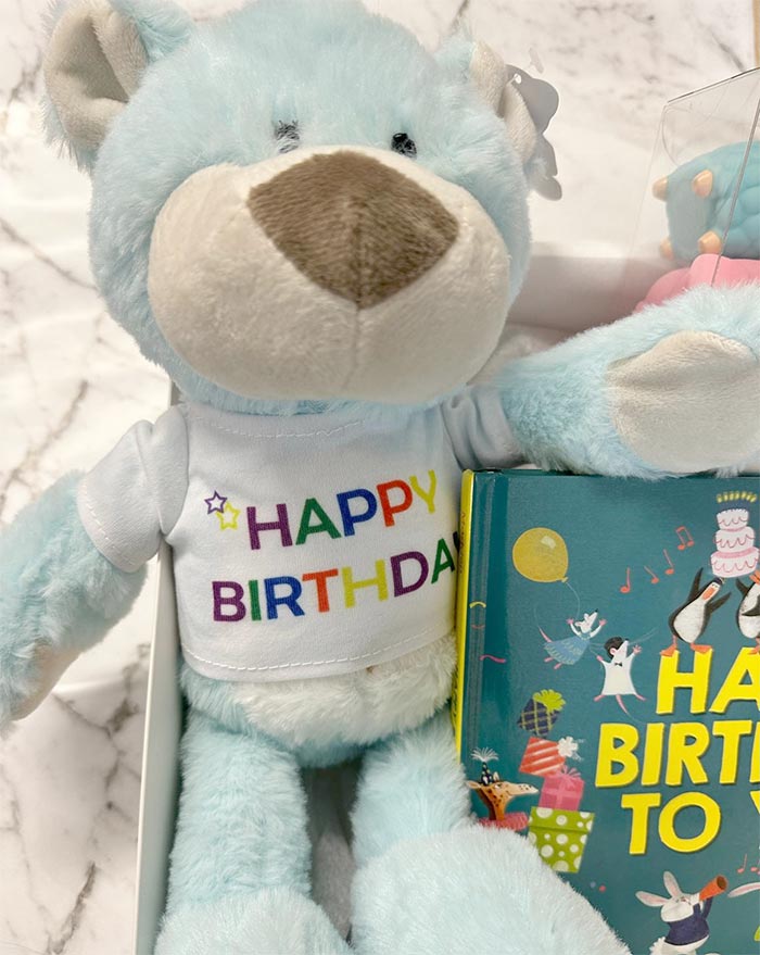 Light blue teddy bear with 'Happy Birthday' shirt and a children's book on a marble surface