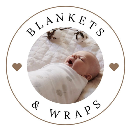 Baby wrapped in a blanket with 'Blankets & Wraps' text and circular design.