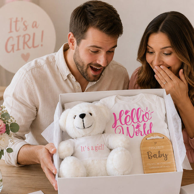 Baby Girl Gender Reveal Gift Hamper with white 'It's a Girl' teddy bear and pink Hello World onesie from The Baby Gift Company