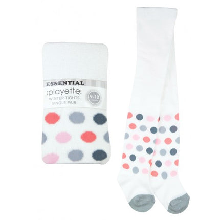 White tights with colorful polka dots and packaging labeled 'playette' on a white background
