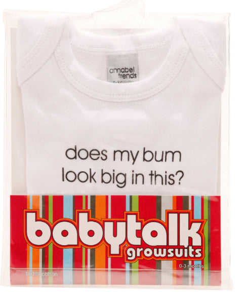 Baby onesie packaging with text 'does my bum look big in this?' and brand name 'babytalk growsuits'.
