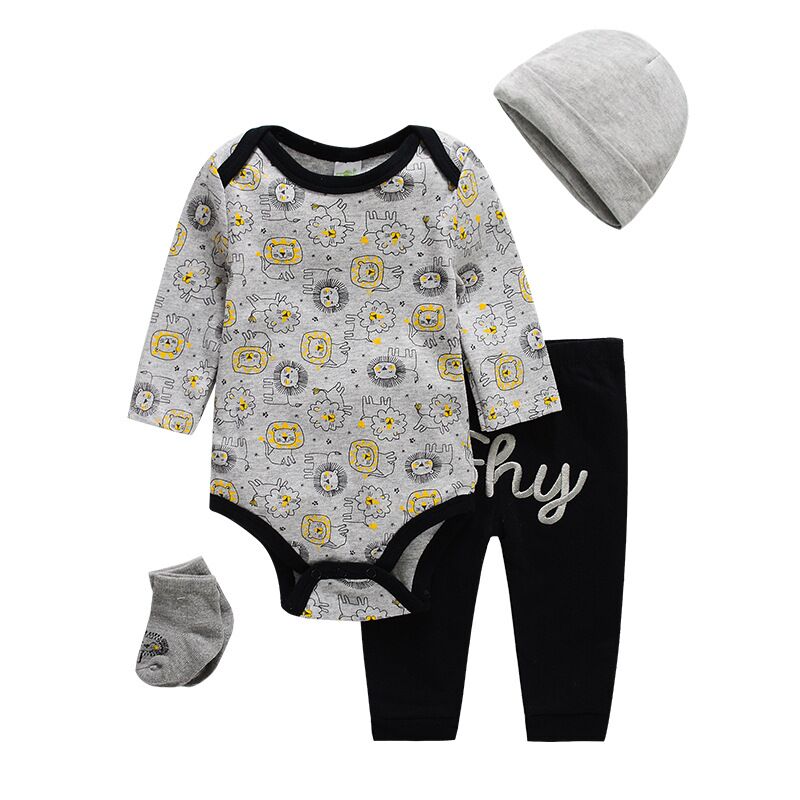 Baby outfit set with onesie, pants, hat, and socks on a white background