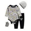 Baby outfit set with onesie, pants, hat, and socks on a white background