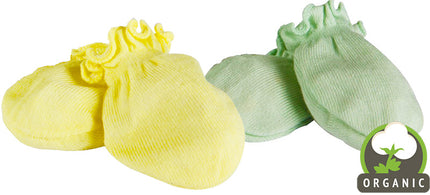 Two pairs of yellow and green baby booties with an organic label on a white background.
