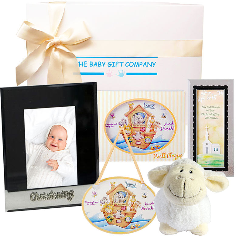 Baby gift set with photo frame, wall plaque, and plush toy from The Baby Gift Company.