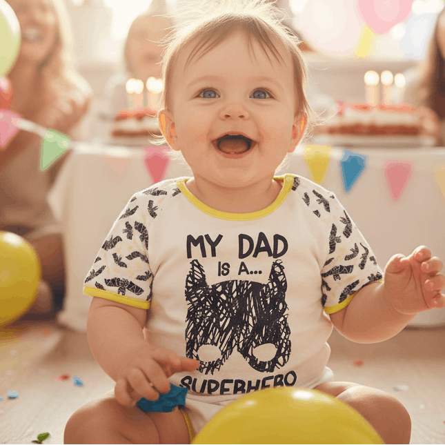 Smiling baby wearing batman top at party