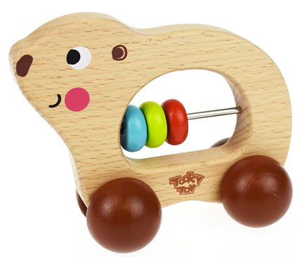 Wooden toy with colorful beads and a smiling face on a white background