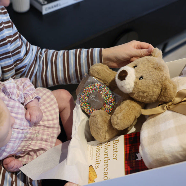 Mum and baby looking at Beary Cute Gourmet Baby Gift box