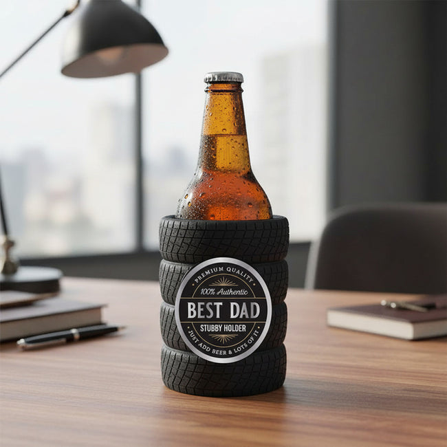 Best Dad Beer Holder Stubby Cooler
on desk with bottle inside