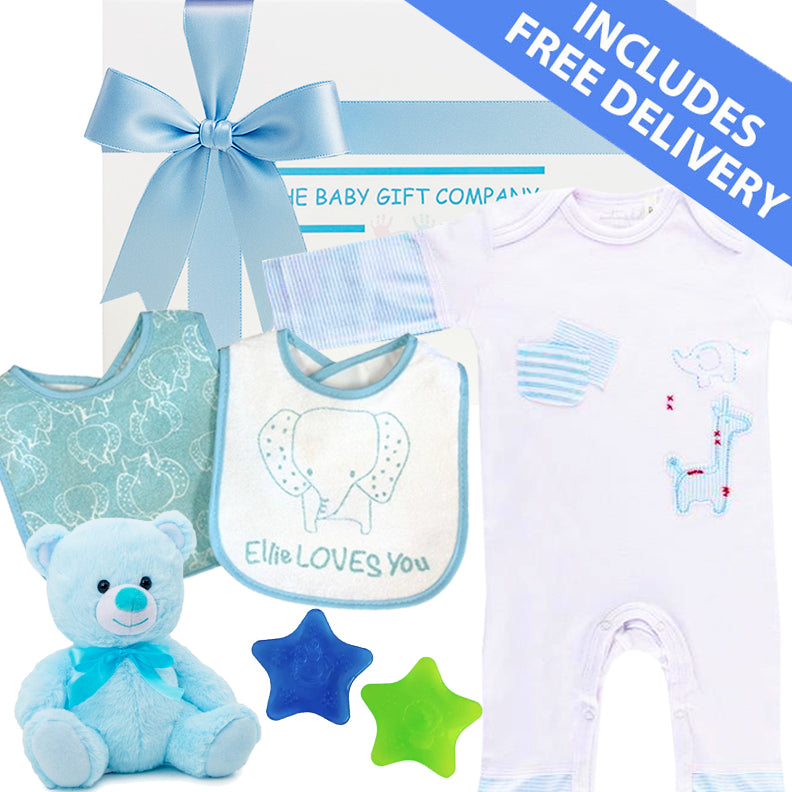Big Softie Baby Boy Gift Box with onesie, teether, and teddy bear, including free delivery text.