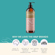 Biologika body wash bottle with brand values on a teal background