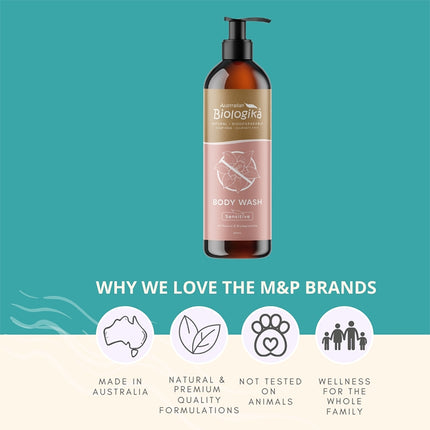 Biologika body wash bottle with brand values on a teal background