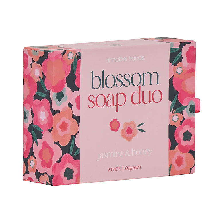 Box of Blossom Soap Duo with floral design on a white background