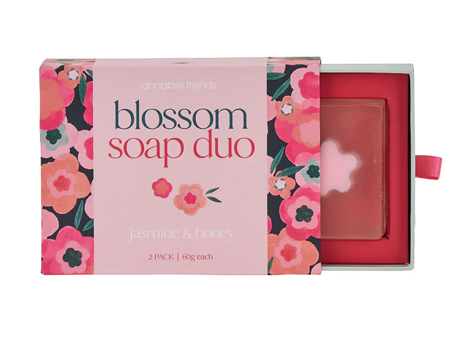 Blossom soap duo packaging with floral design on a white background