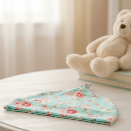 Pretty flower baby hat on table