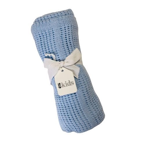 Blue Crochet Cellular Baby Blanket on white background