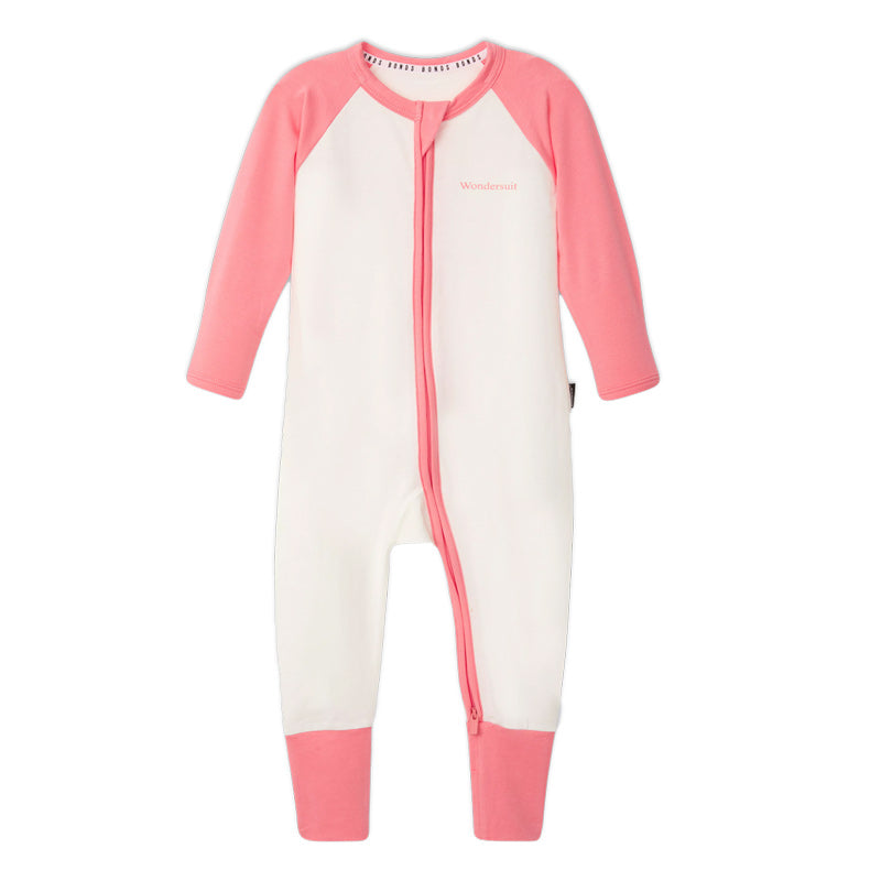 Bonds ivory and pink Zip Wondersuit for baby girls on white background