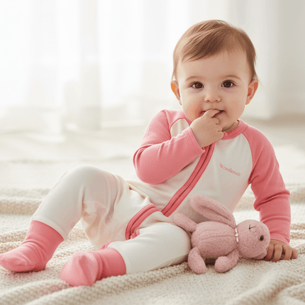 Bonds wondersuit on baby girl with finger in her mouth