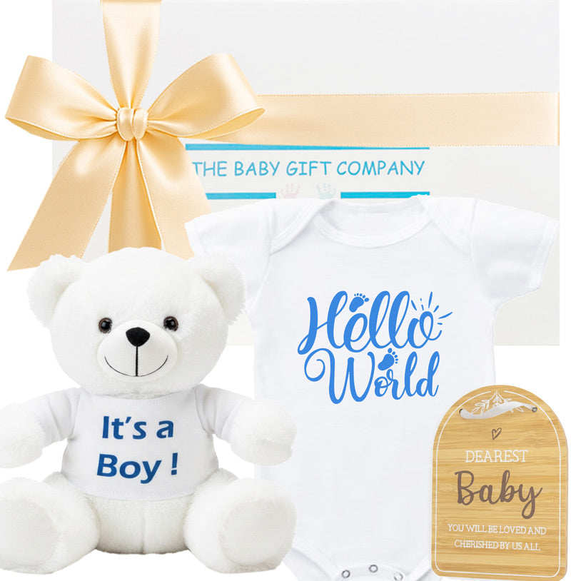Baby Gender Reveal Gift Hamper with white its a boy teddy bear and Hello world baby romper by The Baby Gift Company