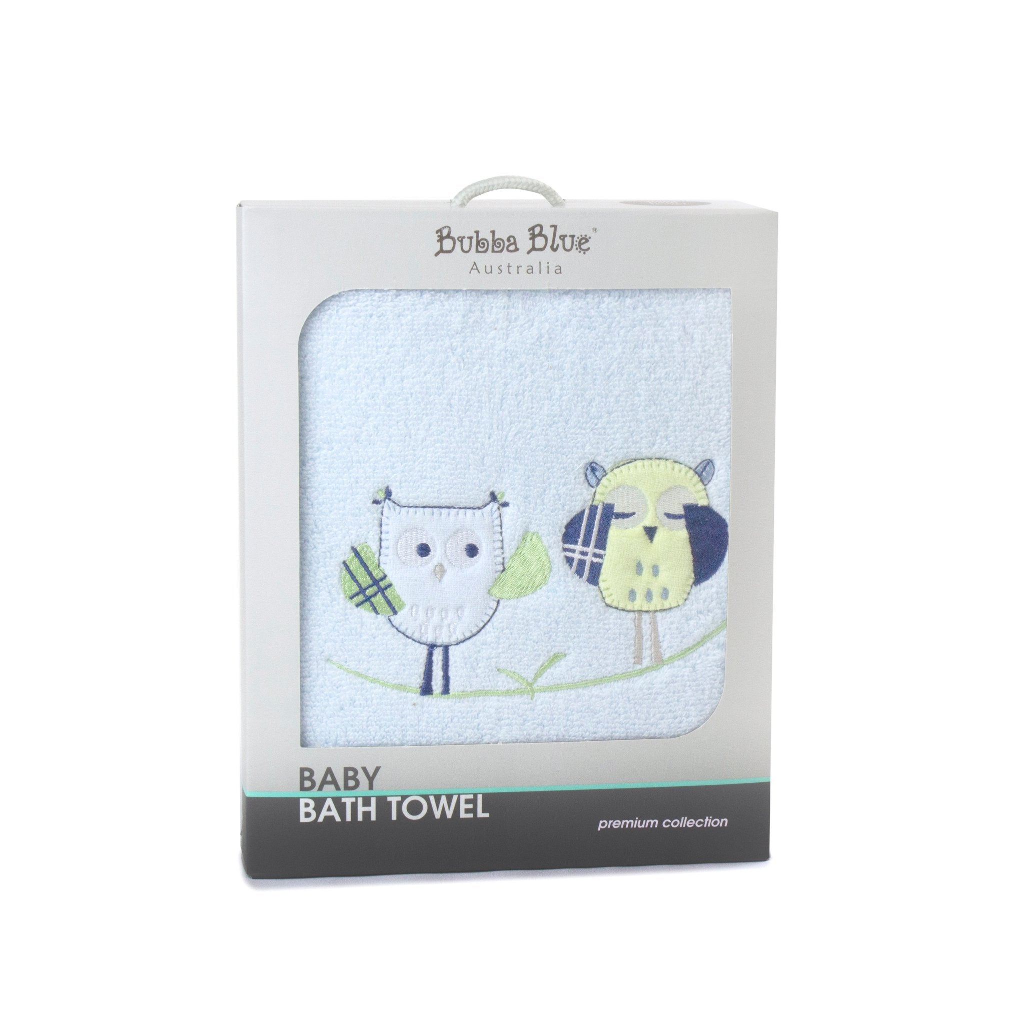 Packaged baby bath towel with owl design on a white background