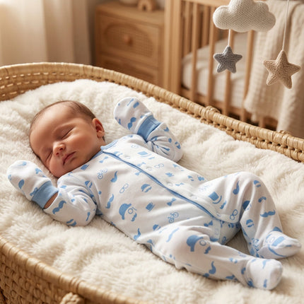 Baby bodysuit with blue patterns and mittens on a sleeping baby