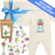 Baby gift set with onesie, bib, and toys featuring robot design and 'Jack' text.