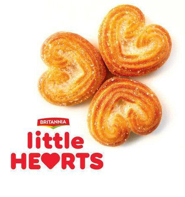Heart-shaped pastries with Britannia Little Hearts logo on a white background