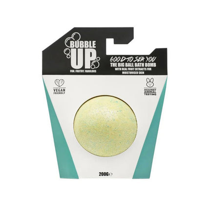Bubble Up bath bomb packaging with a green bath bomb inside on a white background