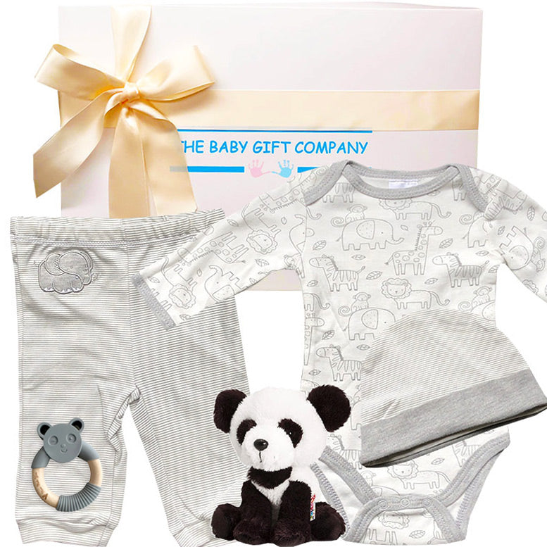 Baby gift set with clothing, plush toy, and accessories from The Baby Gift Company.