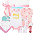Baby gift set with onesie, bib, and rattle from The Baby Gift Company.