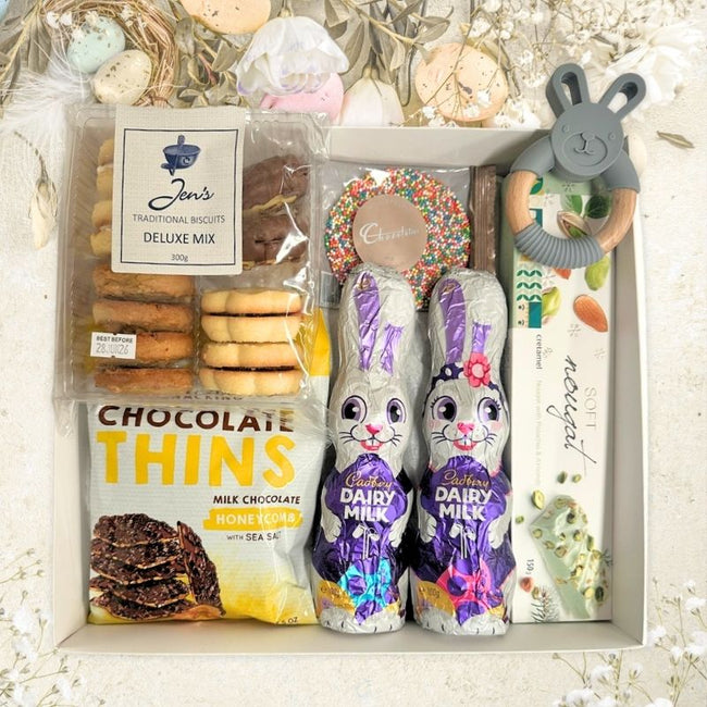 First Easter Baby Gift Hamper filled with Gourmet Chocolates & Bunny Teether
