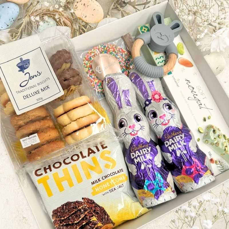 Gourmet easter gift box with chocolates and treats commemorating baby’s first Easter