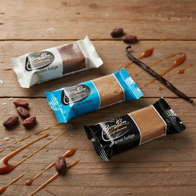 collection of Byron Bay Assorted Fudge on wooden table