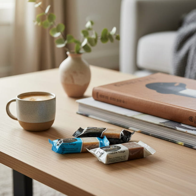 Collection of tasty Byron Bay Fudge on coffee table