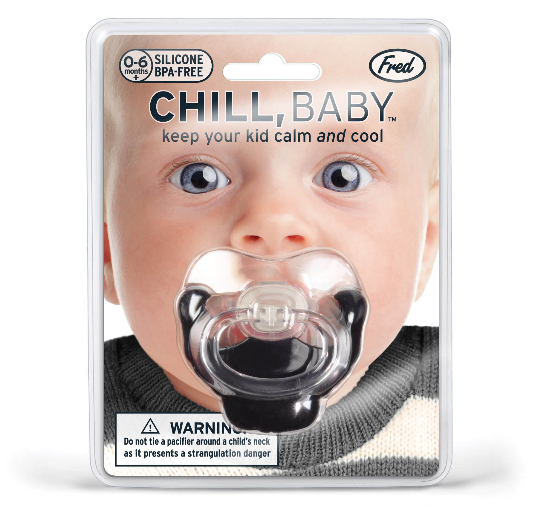 Pacifier with packaging featuring a baby's face and 'Chill, Baby' text.